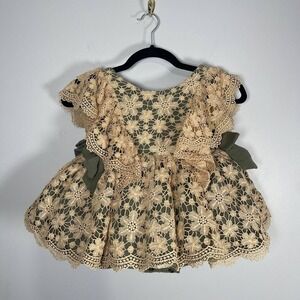 The Paper Doll Lace Linen Romper Skirted‎ Dress Girls 4 Bows Ruffle Sleeves Tutu